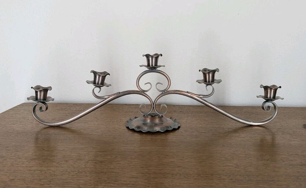 Vintage Gregorian Solid Rose Copper 5 Candle Holder Long Centerpiece Candelabra